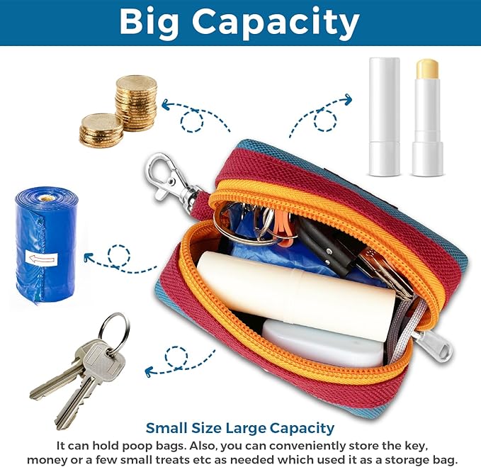 Dog Poop Bag Holder for Leash, Zippered Dog Poop Bag Dispenser Pouch with Metal Carabiner Clip, Durable Canvas Dog Walking Waste Bag Holder