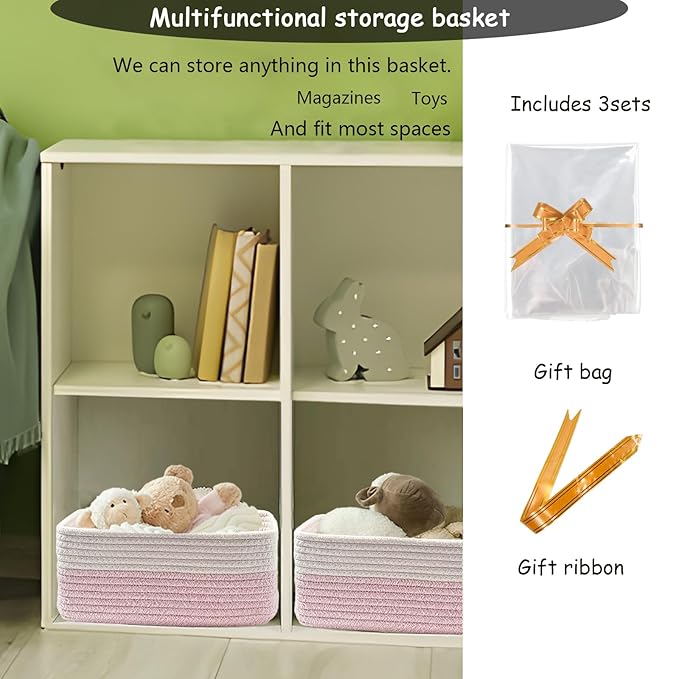 COMFY-HOMI 11.5"x7.5"x4.7" Storage Baskets for Organizing | Cotton Rope Woven Basket | Toy Storage Bin Box | Basket for Shelves, Closet Organizer Bin, Decorative Closet Shelf, 1 Pack white/pink
