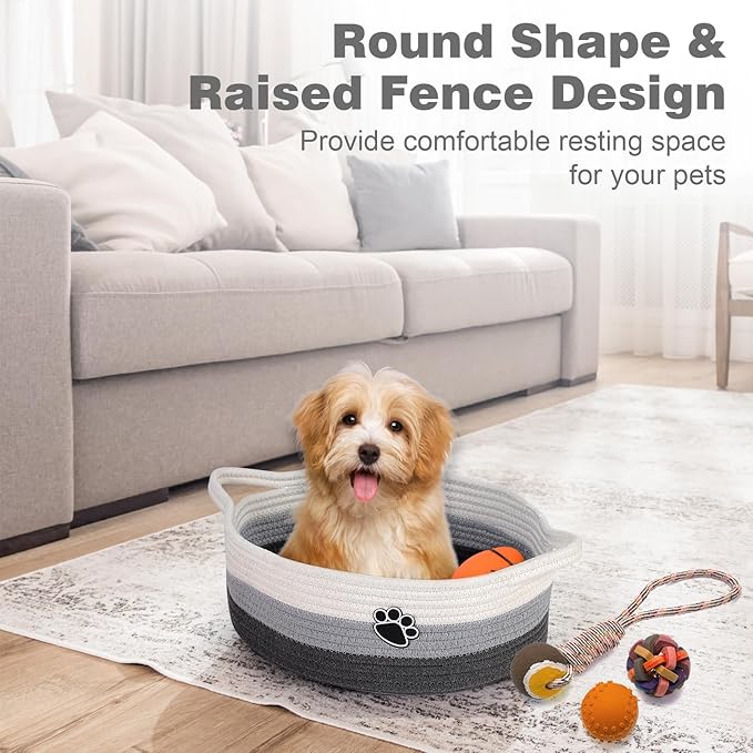 Dog Toy Easter Basket, Toy Box and Bin for Dog Cat Storage, 13.5" X 11" X 5" Small Woven Rope Basket for Baby Storage, Closet, Living Room, White & Grey