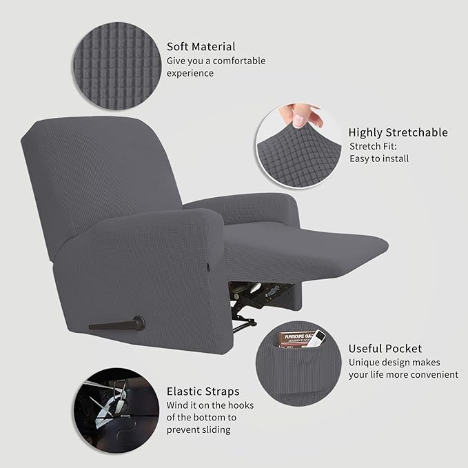 Easy-Going Recliner Stretch Sofa Slipcover Sofa Cover 4-Pieces Furniture Protector Couch Soft with Elastic Bottom Kids Spandex Jacquard Fabric Small Checks(Large,Gray)