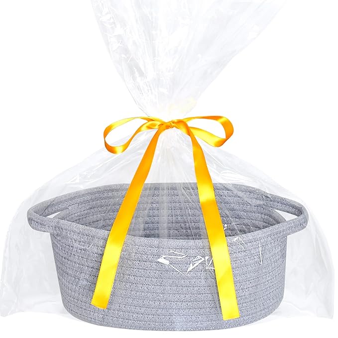 ABenkle Small Basket with Gift Bags and Ribbons, Empty Gift Baskets for Mother's Day, Decorative Boho Rope Woven Nursery Storage Organizer Toy Baskets with Handle for Baby Showers, 12"X 8" X 5"