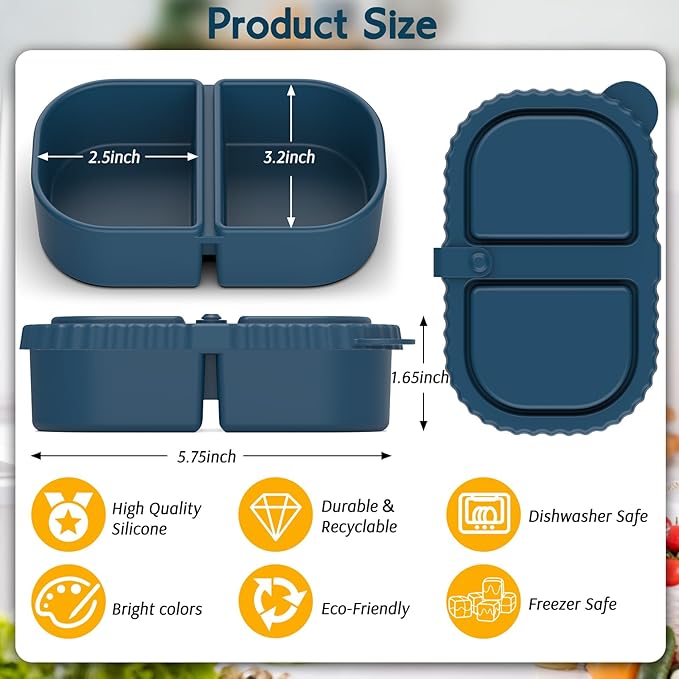 6 Pack Reusable Silicone Snack Containers with Lids, Mini Containers 2 Compartments, Portable Silicone Food Storage Box for Picnic, Lunch, Office (6)