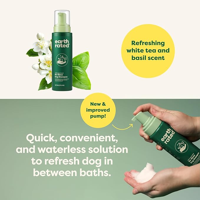 Earth Rated Waterless Dog Shampoo & Conditioner, Convenient No-Rinse Wash for Cleaning, Conditioning & Detangling, for All Coat Types, Refreshing White Tea and Basil Scent, 7 oz