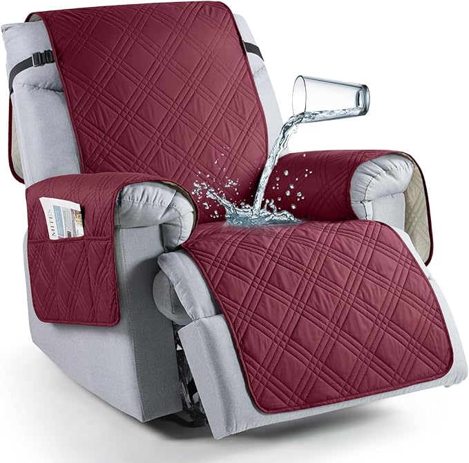 TAOCOCO 100% Waterproof Recliner Chair Cover, Non Slip Recliner Covers for Recliner Chair with Pocket, Washable Reclining Chair Cover Furniture Protector for Kids, Pets(23.6'', Wine)