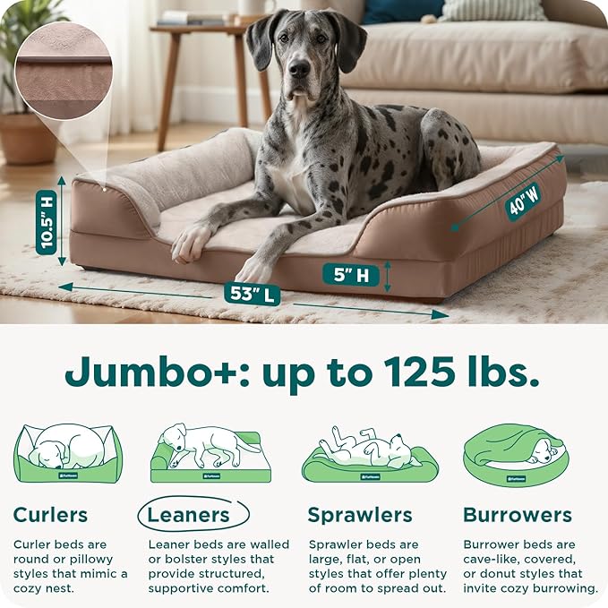 FurHaven Cooling Gel Dog Bed for Large Dogs, Perfect Comfort Sofa Bed with Cool Gel-Top Foam & Solid Orthopedic Foam Base for Joint Support, Washable Cover, Jumbo Plus/XXL, Plush & Velvet, Brownstone