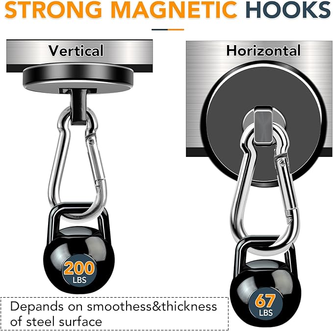 MIKEDE Magnetic Hooks Heavy Duty, 200LBS+ Powerful Magnetic Hooks Cruise, Super Strong Swivel Magnet Hooks Neodymium Magnets with Carabiner Hook for Hanging, Workplace - 2 Pack