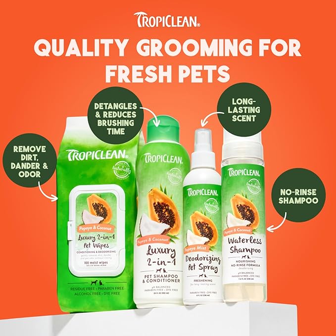 TropiClean Papaya & Coconut Luxury 2-in-1 Pet Wipes, 100ct - Wipes for Dogs & Cats - Gently Removes Dirt, Dander & Smells - for Pet Paws, Face, Body & Bottom - Tropical Papaya & Coconut Scent