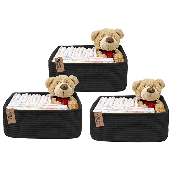 COMFY-HOMI 13" x 8.5" x 5.1" Storage Baskets for Organizing | Cotton Rope Woven Basket | Toy Storage Bin Box | Basket for Shelves, Closet Organizer Bin, Decorative Closet Shelf, 3 Pack, All Black