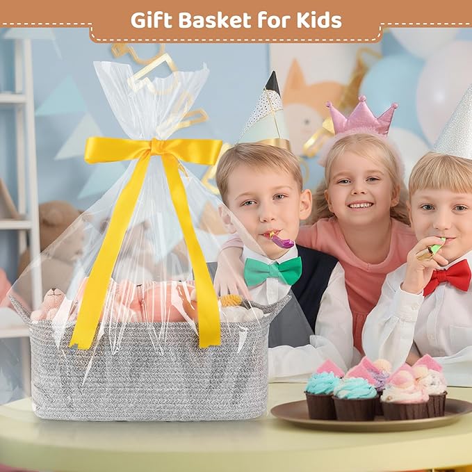 Large Empty Gift Baskets for Baby Shower, 16.5"L x 12.6"W x 7"H Cute Woven Storage Basket with Gift Bags and Ribbons, Small Rope Toy Basket with Handles, Cat Dog Pet Toy Organizer - Grey