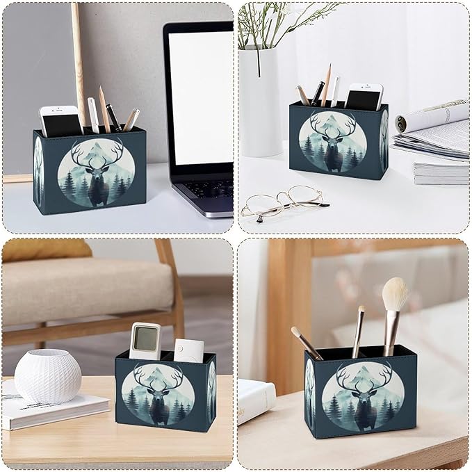 Famame Deer Head Trees Mountains Pencil Holder for Desk, Leather Desktop Container Pen Cup Storage Study Table Pen Organizer Makeup Brush Holder for Classroom Office Home