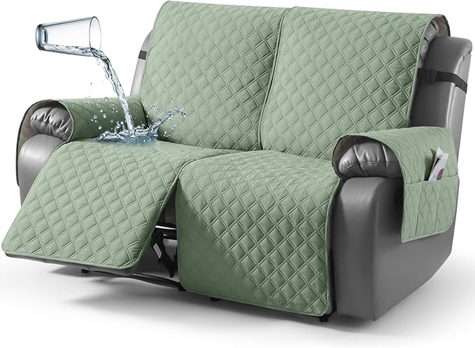 TAOCOCO 100% Waterproof Recliner Couch Covers, Recliner Sofa Covers with Leg Straps, 1-Piece Washable Reclining Sofa Cover with Pocket Couch Protector for Pets Kids(2 Seater, Sage Green)
