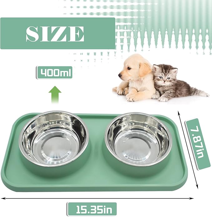 MUYG Double Dog Food Bowls Stainless Steel with No Spill Non Skid Silicone Mat Removable Dog Water and Food Bowls Set Durable Feeding for Small Dogs Puppy Cat Kitten(Blue)