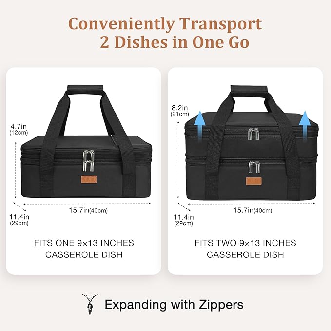 Vuudh Expandable Casserole Carrier Bag - Double Decker Food Bag, Insulated Casserole Carrier for Hot or Cold Food, Lasagna Holder Tote for Picnics,Beaches,Traveling or Gifts