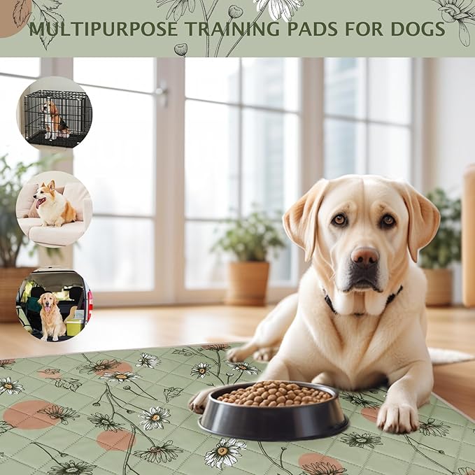 IEUUMLER Washable Pee Pads for Dogs, 2 Pack Non-Slip & Waterproof Pack Whelping Pad, Reusable Washable Puppy Potty Training Pad with Fast Absorbent for Playpen EU007 (Grass Green Daisy, 36"X24"-2pcs)