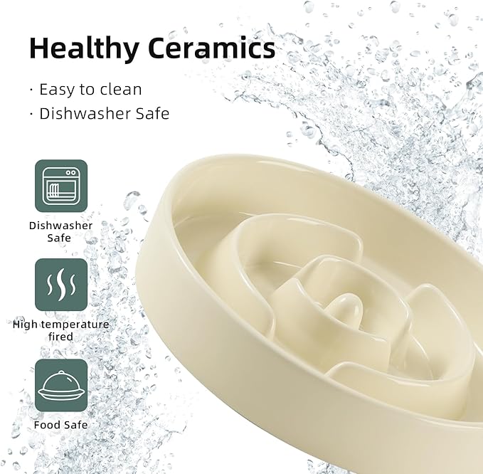 Ceramic 3.2 Cup Raised Slow Feeder Dog Bowl Set, Elevated Bowl with Wooden Stand for Large Dog, 9.5inch Puzzle Slow Pet Food Dish, Anti-Gulping(Beige, Single Bowl+ Stand)