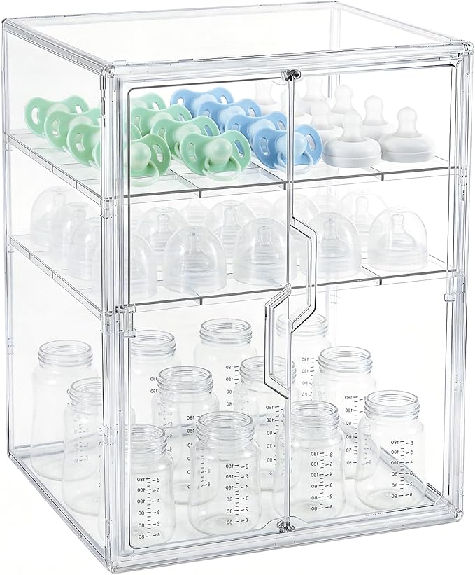 ERTIUANIO Baby Bottle Organizer – 3 Tier Acrylic Bottle Storage Organizer Container, Clear Plastic Bottle Station Organizers Drawers with Double Magnetic Doors for Countertop Kitchen Vanity, Bathroom