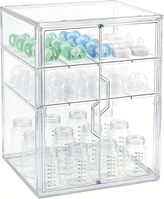 ERTIUANIO Baby Bottle Organizer – 3 Tier Acrylic Bottle Storage Organizer Container, Clear Plastic Bottle Station Organizers Drawers with Double Magnetic Doors for Countertop Kitchen Vanity, Bathroom