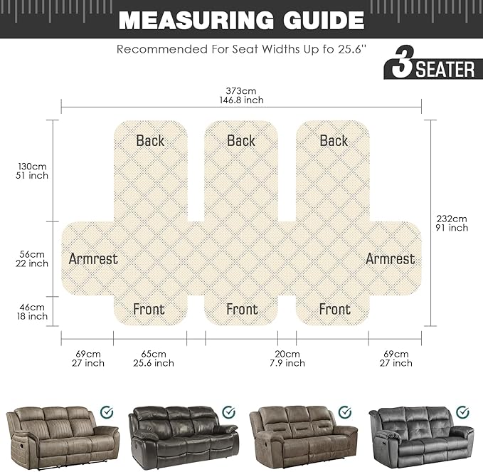TAOCOCO 100% Waterproof Recliner Couch Covers, Recliner Sofa Covers with Leg Straps, 1-Piece Washable Reclining Sofa Cover with Pocket Couch Protector for Pets Kids(3 Seater, Brown)