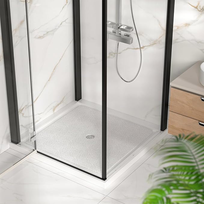 HITSLAM Square Shower Mat, 36 x 36 Inch Non Slip Bath Mat for Tub, Soft PVC Loofah Bathtub Mats with Drain Holes, Quick Drying Bathroom Stall Floor Mat, Bathroom Accessories Without Suction Cup, White