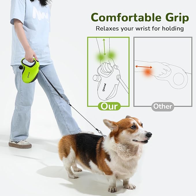 Pecute 32ft Retractable Dog Leash with Poo Bag Holder, Chew Proof Dog Leash with 360° Tangle-Free Extended, Anti-Slip Handle & Quick Brake Button, Suitable for Dogs Up to 66lbs in Weight