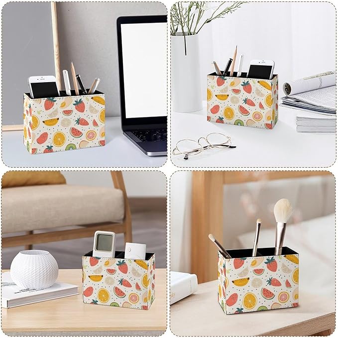 Famame Fruits Orange Strawberry Pencil Holder for Desk, Leather Desktop Container Pen Cup Storage Study Table Pen Organizer Makeup Brush Holder for Classroom Office Home