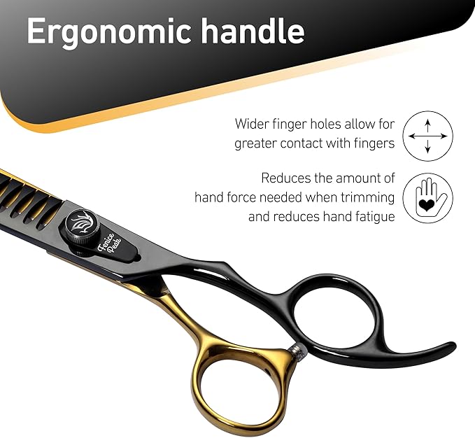 Fenice Peak 8'' Black Dog Grooming Scissors Goldern Chunker Dog Blending Scissors with Ergonomic Offest Handle and Pattern Screw Pet Grooming Thinner Blender Shears Durable and Sharp 440C