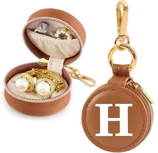 Mini Initial Travel Jewelry Case Ring Holder, Brown Faux Leather Small Jewelry Organizer Box Gifts for Women Girls Nurse Teacher, Gym Travel Accessories Keychain Pouch for Earrings Rings Necklace H