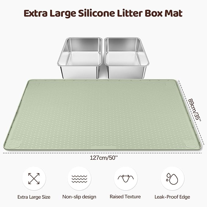 Bartuke Cat Litter Mat, XXL Extra Large 50" x 35" Silicone Mat Litter Trapping Mat for Scatter Control, Soft on Kitty Paws, Easy to Clean (Green)