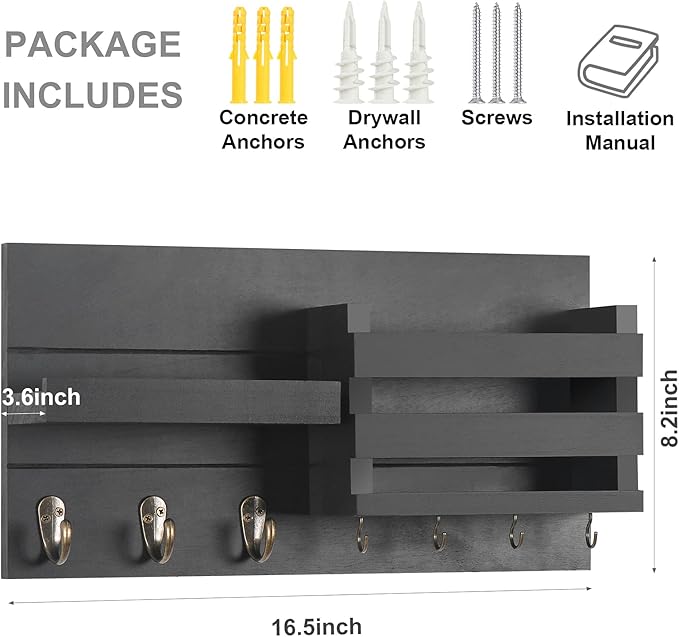 Lwenki Mail Organizer for Wall Mount – Key Holder with Shelf Includes Letter Holder and Hooks for Coats, Dog Leashes – Rustic Wood with Flush Mounting Hardware (16.5” x 8.7” x 3.5”)