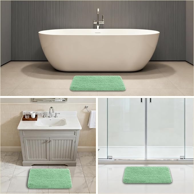 Light Green Bathroom Rugs 17"x24" - High-Density Microfiber Bath Mat, Fluffy Non Slip Absorbent and Washable Bathroom Mat - Ideal for Small Spaces, Vanity, Toilet, or Pet Mat