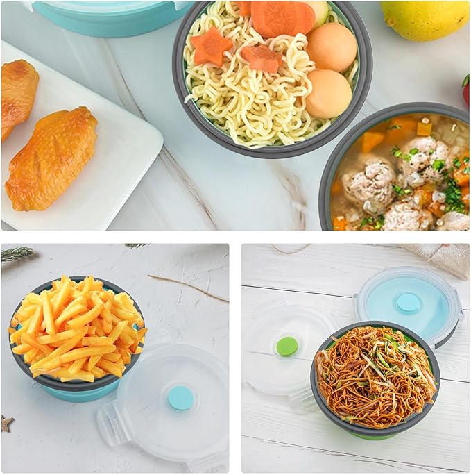 2-Pack Collapsible Bowls with Lids, Reusable Silicone Food Storage Containers for Meal Prep, Camping Must Haves Accessories Green Blue, Microwave Freezer Safe Dishwasher Safe Leak Proof