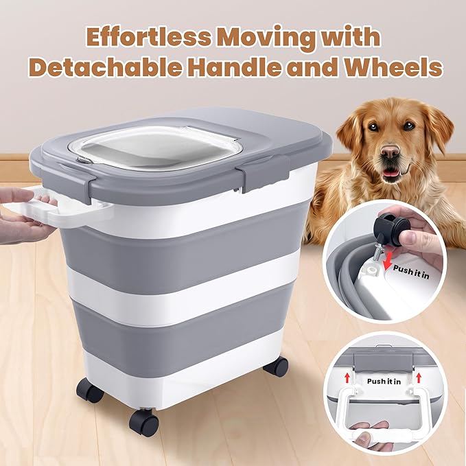 DDMOMMY 23-25 Lbs Airtight Dog Food Storage Container,Collapsible Pet food storage Container,All-in-One Cat Food Container Set with Scoops,Can Covers & Can Opener Spoons,Small Bin and Waste Bags