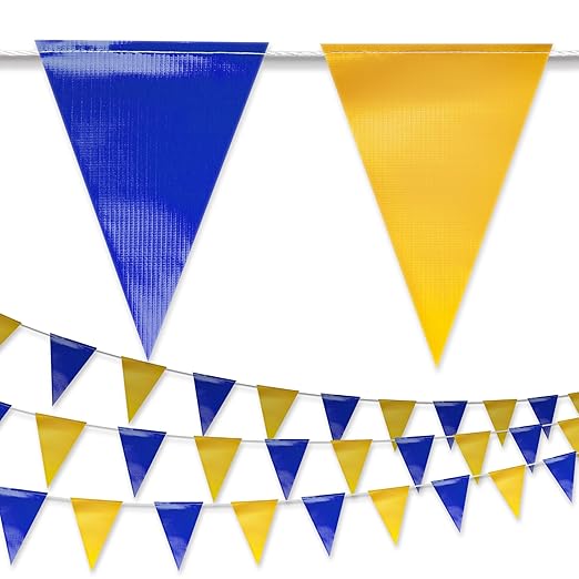 Blue & Yellow Pennant Banner Flags | Heavy-Duty Outdoor | OSHA 500lb Rated | Strand Fade Resistant 【102FT】