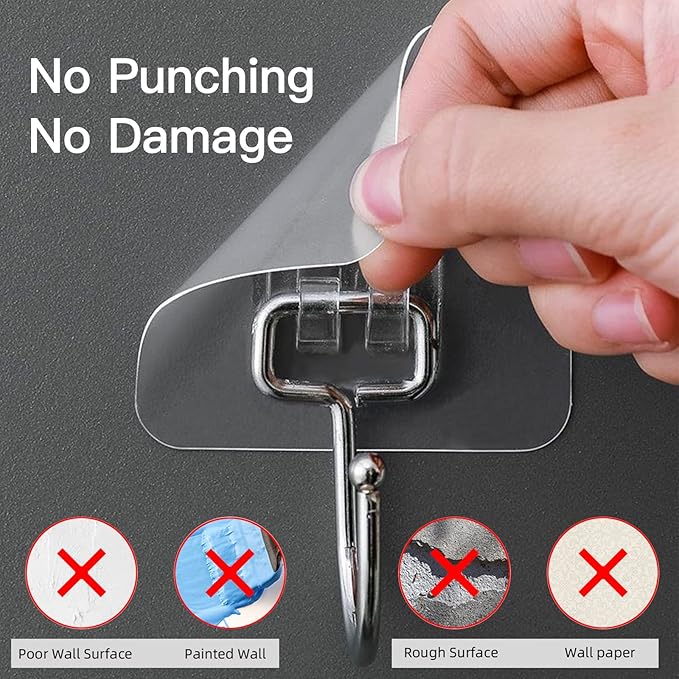 12 Pack Large Adhesive Hooks for 44 lb(Max) Hanging Heavy Duty, Self Adhesive Sticky Hooks Waterproof Stainless Steel Wall Hook for Home Bathroom Shower Kitchen Outdoor Utility Hooks