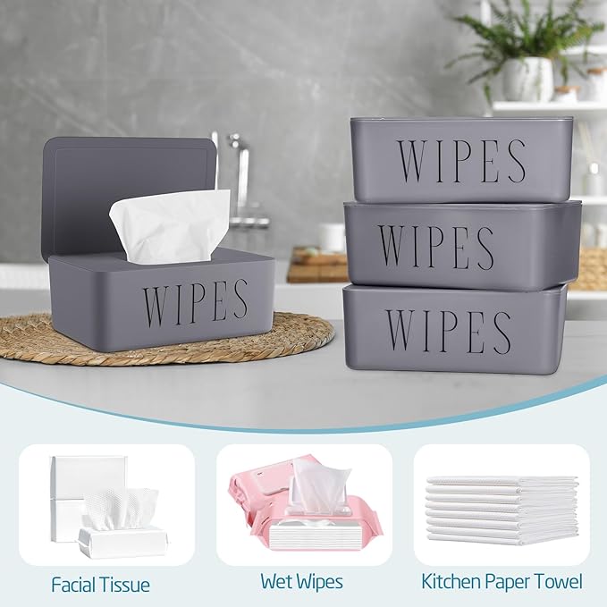 Singhoow 3 Pack Baby Wipes Dispenser Holder Wipe Container for Bathroom with Lid Toilet Tissue Paper Storage Refillable Box for Home Office Cars(Small,Gray)