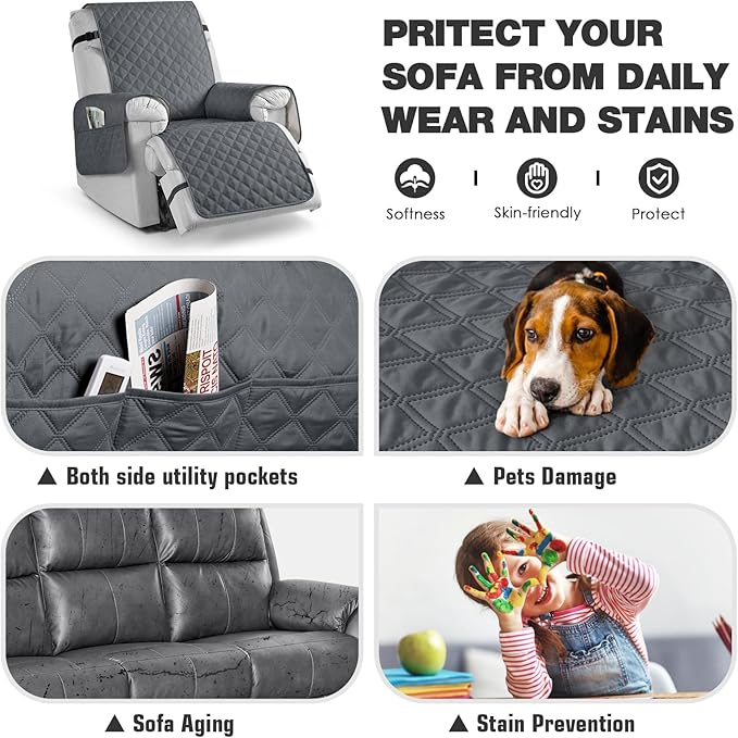 TAOCOCO 100% Waterproof Recliner Chair Cover Non-Slip Reclining Cover for Recliner Chair Washable Chair Seat Cover with Elastic Straps for Pets Sofa Slipcover with Pocket (Oversized 28'', Dark Grey)