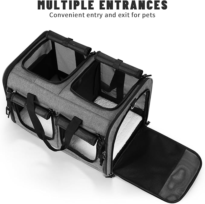 Cat Carrier for 2 Cats, Foldable Double Cat and Dog Carrier, Small to Medium Size, 2 Front Zippered Compartments,Two Pets Carrier for Travel,Mulitple Cat Carrier (Dark Gray with Flat Pocket)