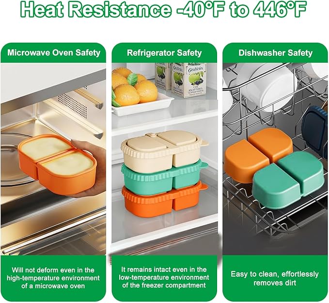 RAYBIN 3 Pack Silicone Reusable Snack Containers with Lids, 2 Compartments Leak-Proof Snackle Box Containers,Silicone Food Storage Containers for Office,School,Picnic - BPA Free (White,Green,Orange)