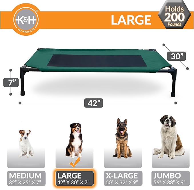 K&H Pet Products Outdoor Elevated Dog Cot, Breathable Cooling Elevated Cot Hammock Pet Bed for Large Dogs, Washable Mesh Cover, Raised Metal Frame, Collapsible, Portable - Large 42 X 30in Green