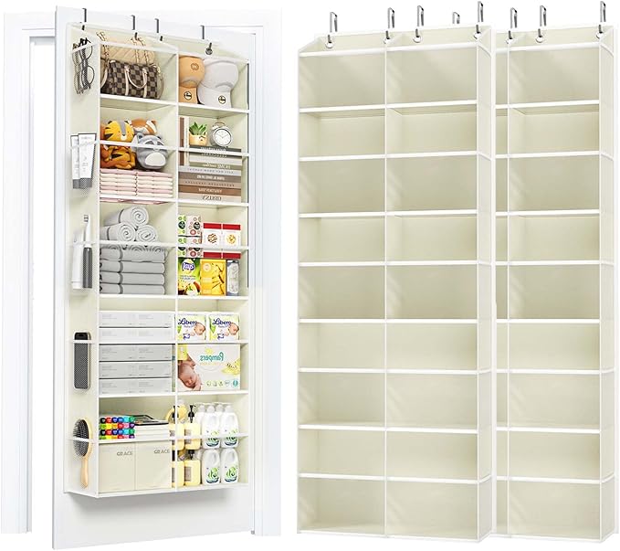 PureSpace 2 Pack 5-Tier Over The Door Organizer with 10 Side Mesh Pockets & Clear Windows, 80 lb Weight Capacity Hanging Storage for Bathroom, Bedroom, Nursery, Kitchen, Organize Toys (Clear Beige)