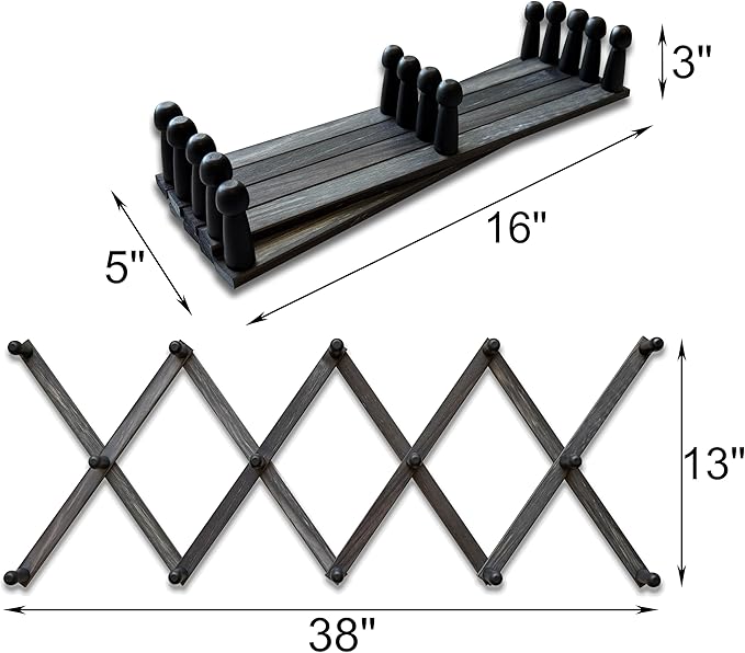 Mercurial Trade Expandable Wooden Coat Rack Hanger - Large Accordion Hanger with Expanding Pegs | Hand Made Rustic Wooden Hat Rack for Wall | Hang Coat, Jacket, Hat – 14 Hook, Distressed Black
