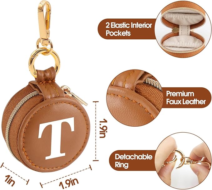 Mini Initial Travel Jewelry Case Ring Holder, Brown Faux Leather Small Jewelry Organizer Box Gifts for Women Girls Nurse Teacher, Gym Travel Accessories Keychain Pouch for Earrings Rings Necklace T