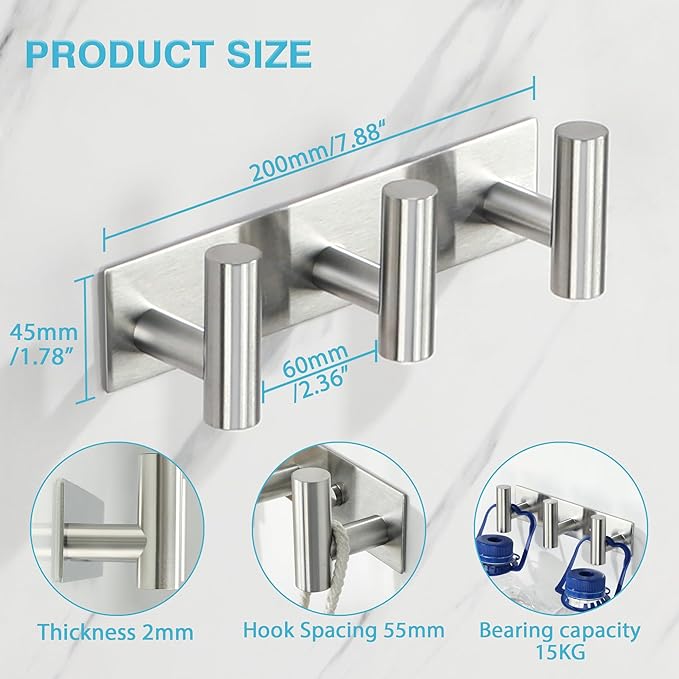 Alise Coat Hooks Hat and Coat Rack with 3 Hooks Wall Mount Key Hooks for Robes, Bags, Keys, and Towels,SUS304 Stainless Steel Wall Hooks for Hanging,Self Adhesive or Drilling Mounted,Brushed