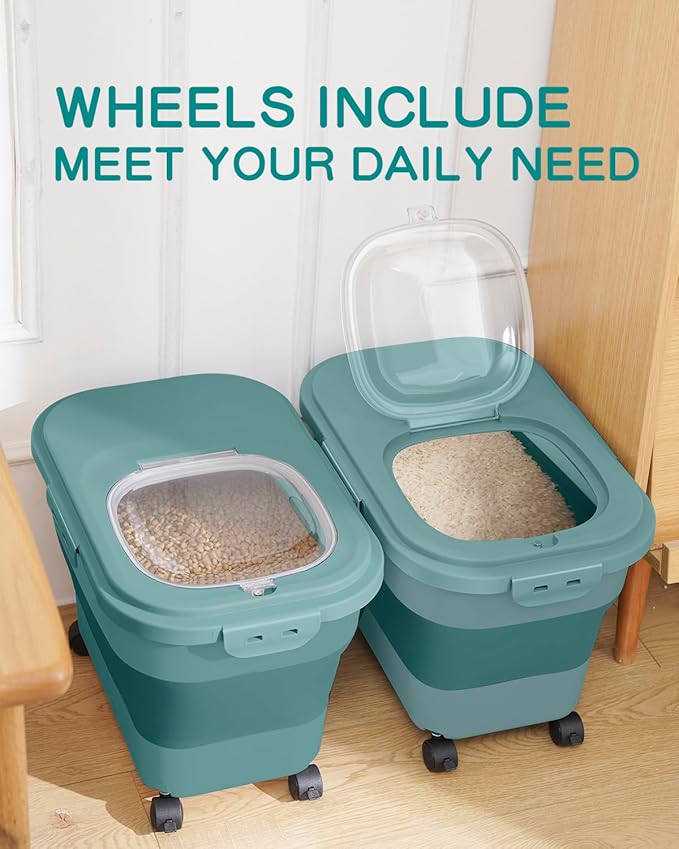 DDMOMMY 20-30 Lbs Rice Storage Container,Collapsible Food Storage Containers with Rolling Wheel Airtight Locking Lid,Flour Storage Container with Cup and Scoop,Suitable for Food,Rice,Pet Food,Flour