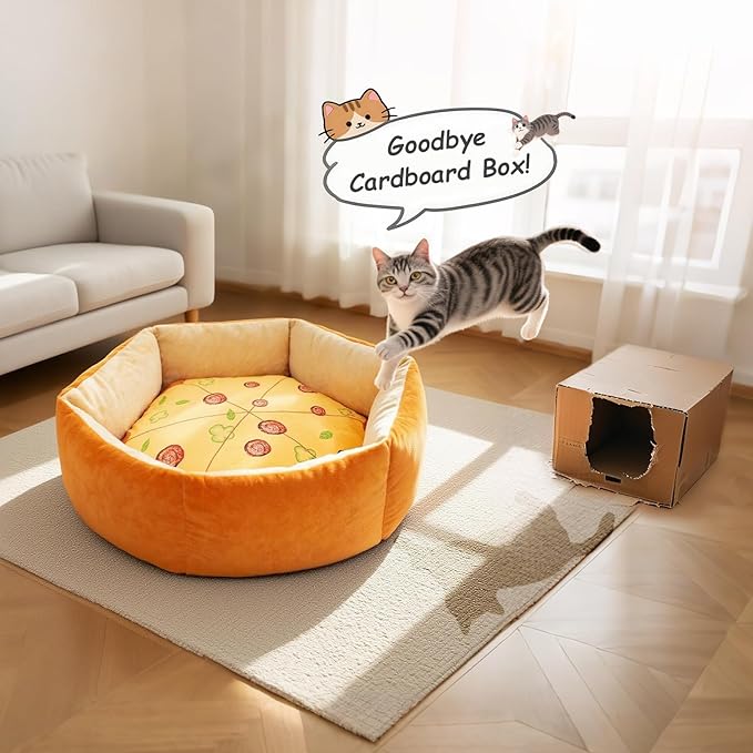 Cute Cat Beds Kitten Beds with Catnip Toys, Soft Small Dog Beds, Washable Pet Beds for Puppy and Kitty, Funny Pizza Shape, 20 Inch