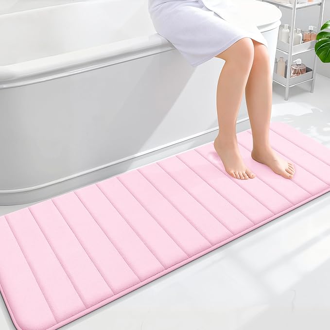 OLANLY Memory Foam Long Bathroom Rugs Runner 59x20, Super Soft Absorbent Bath Mat, Quick Dry, Machine Washable Shower Floor Rugs, Bathmat Carpet, Bathroom Home Decor Accessories, Pink