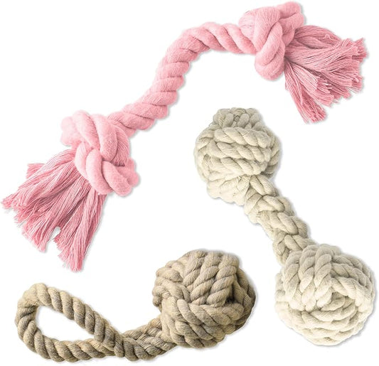 Pet Passion Brady The Rope Tug Toy 3-Pack Organic Cotton Dog Rope Pull Toys for All Pet Breeds, Pink Salt, One Size
