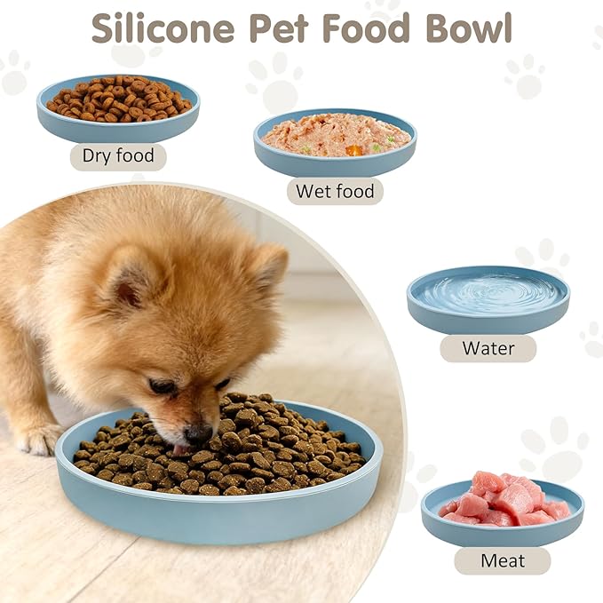 VCEPJH Silicone Dog Plates for Food Shallow Pet Bowl Flat Puppy Food Bowl Whisker Fatigue Cat Feeding Bowls Noiseless Dishes for Dry and Wet Food (Round Blue)