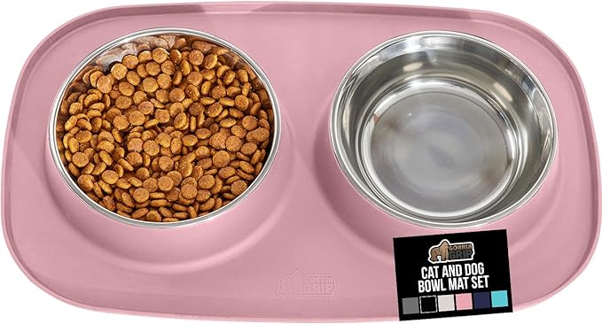 GORILLA GRIP Feeding Mat Set, Patent Pending 100% Waterproof BPA Free Silicone, Stainless Steel Cat and Dog Bowls, Slip Resistant, High Edges Catch Water, Food, US Designed Pet Accessories, 2 Cup Pink
