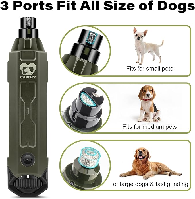 Casfuy 6-Speed Dog Nail Grinder - Newest Enhanced Pet Nail Grinder Super Quiet Rechargeable Electric Dog Nail Trimmer Painless Paws Grooming & Smoothing Tool for Large Medium Small Dogs (Army Green)